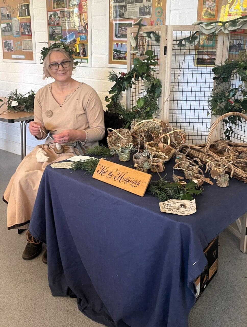 Stroud resident and Trustee, Kat (otherwise known as The Hedge Witch) with her intricate and sustainable wreaths, garlands and hand woven baskets.